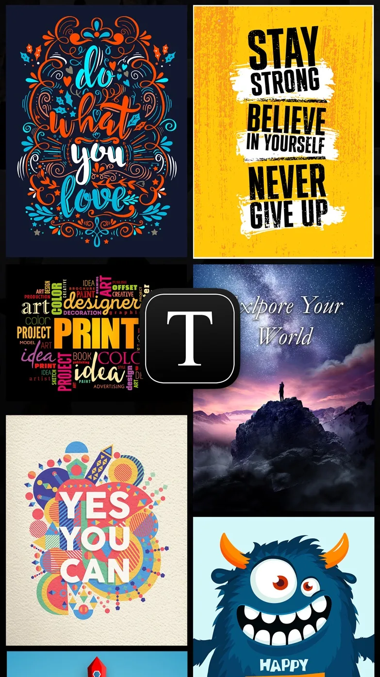 Gallery of designs made with TypeSmith — lettering posters, a motivational quote card, a word-cloud print, a starry night-sky graphic, geometric 'Yes You Can' art and a cartoon monster card around the black TypeSmith 'T' icon