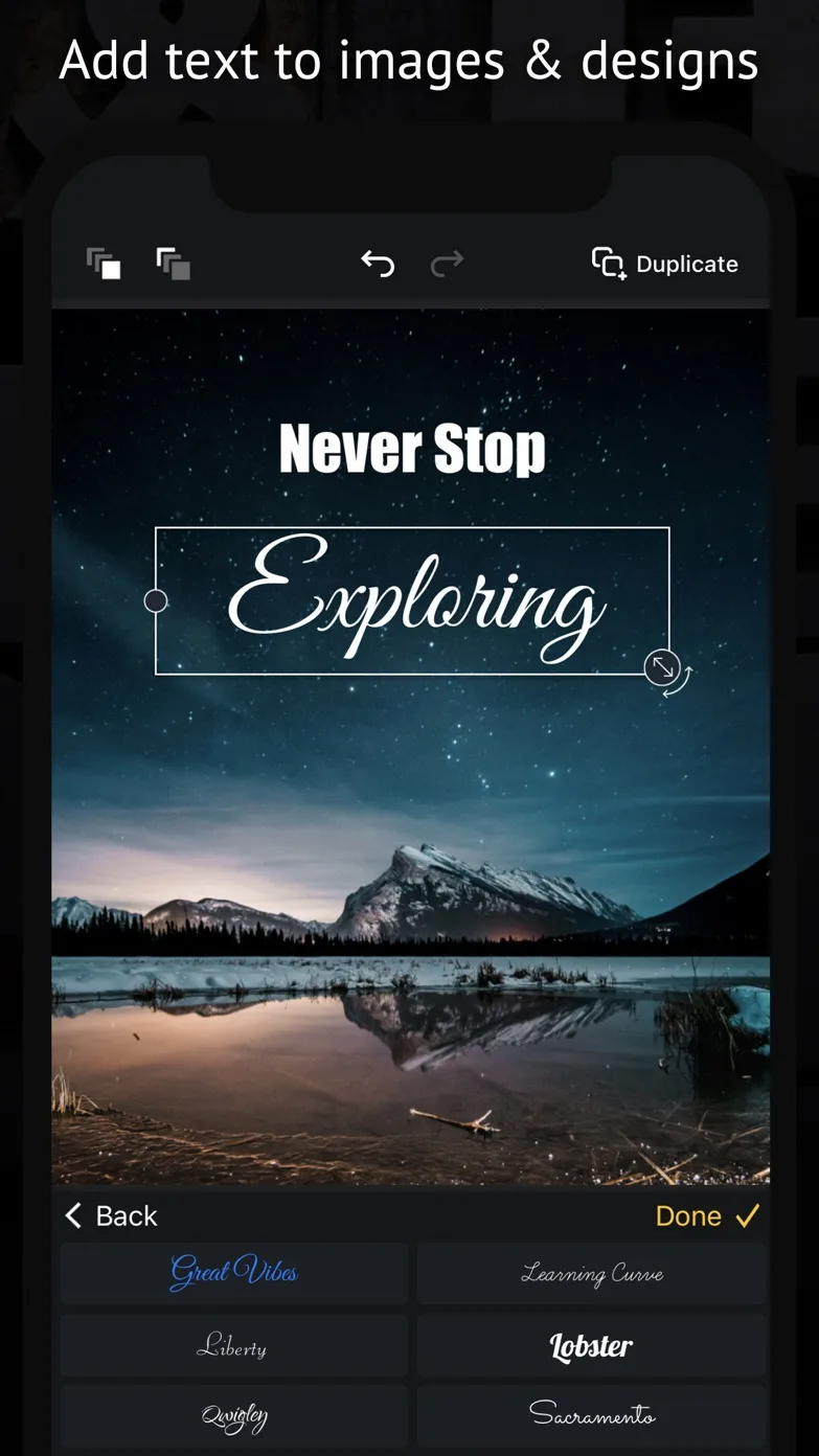TypeSmith editor adding the words 'Never Stop Exploring' in a script font over a starry lake photo, with a list of script and display fonts below