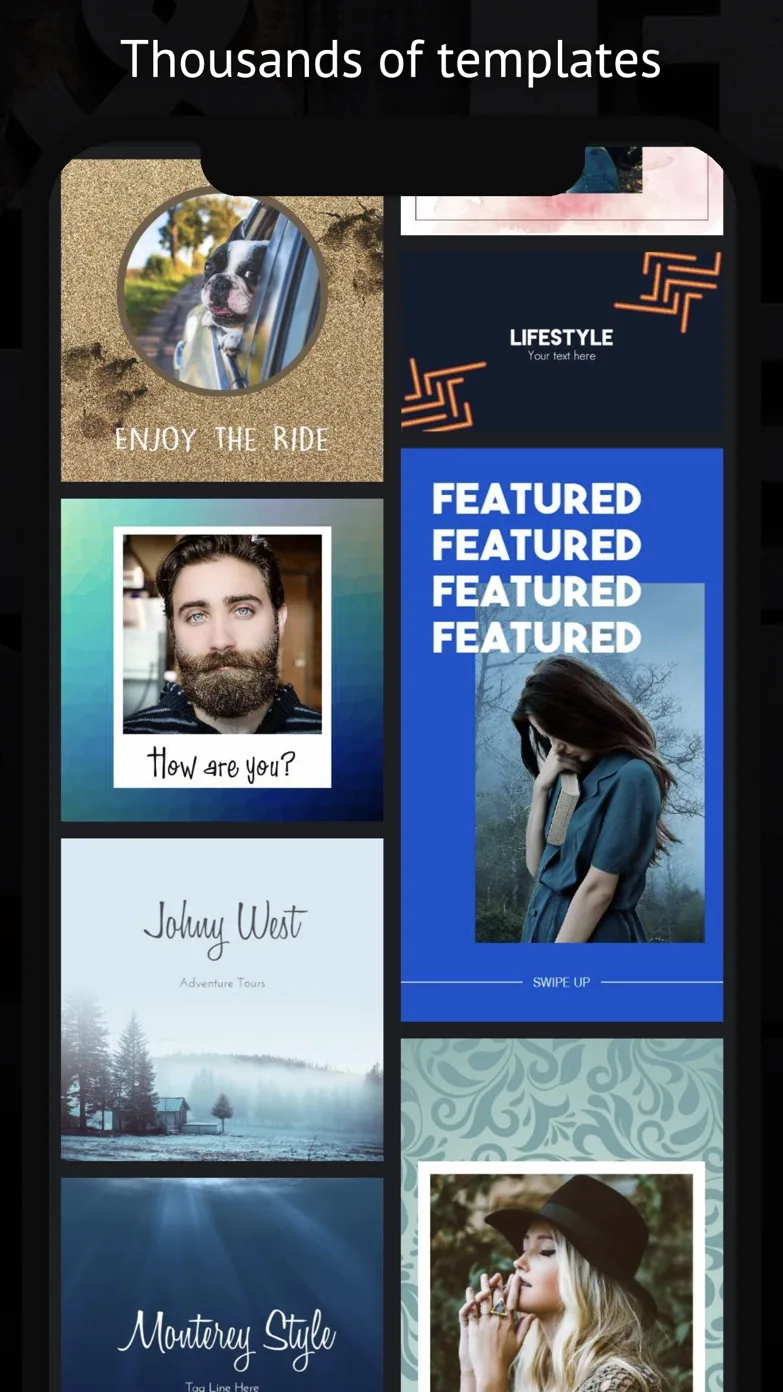 Template gallery scrolling through story and post designs — polaroid frames, a repeated 'Featured' Instagram story, travel cards and quote layouts